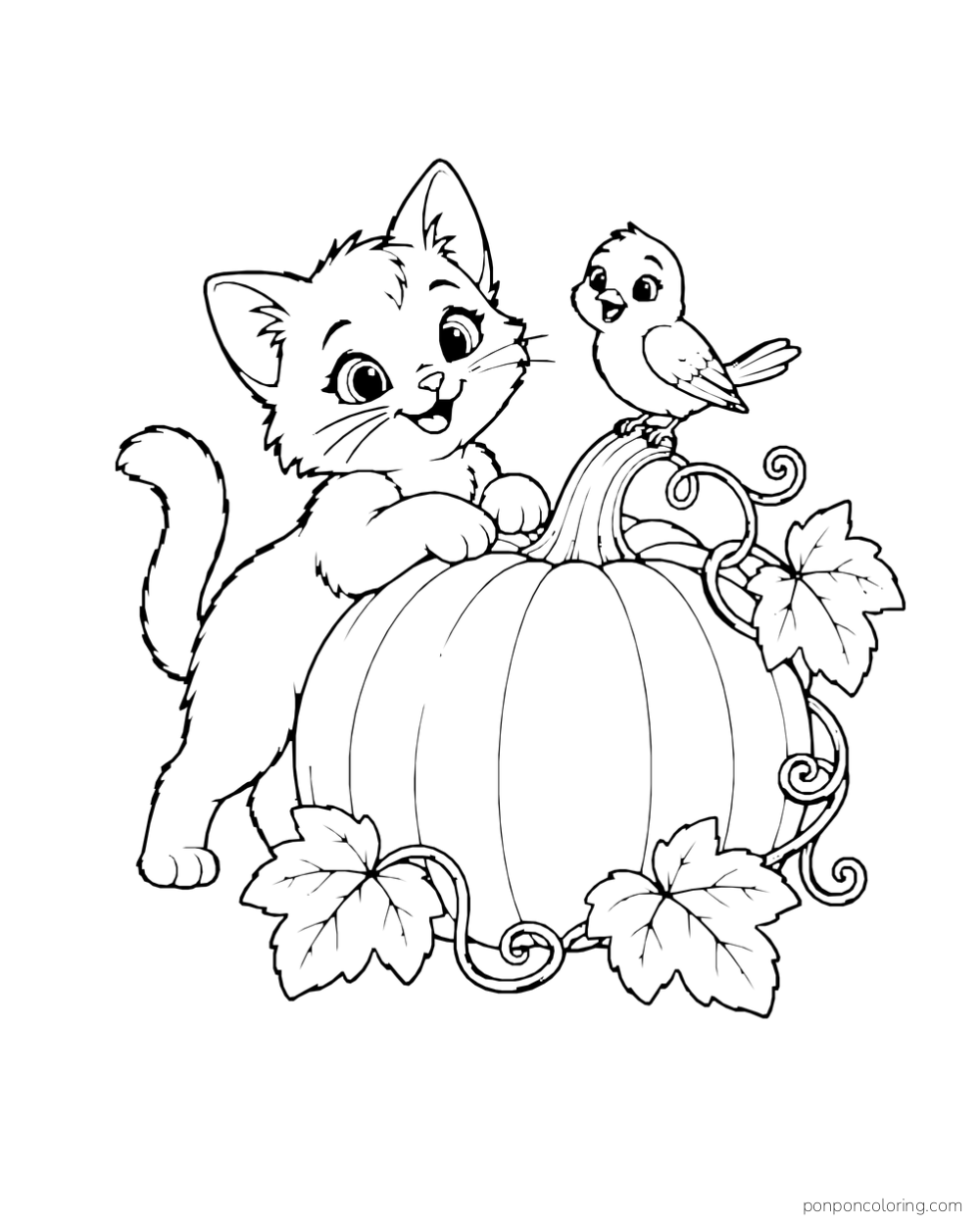A kitten and bird sit beside a large pumpkin with curling vines and broad leaves.