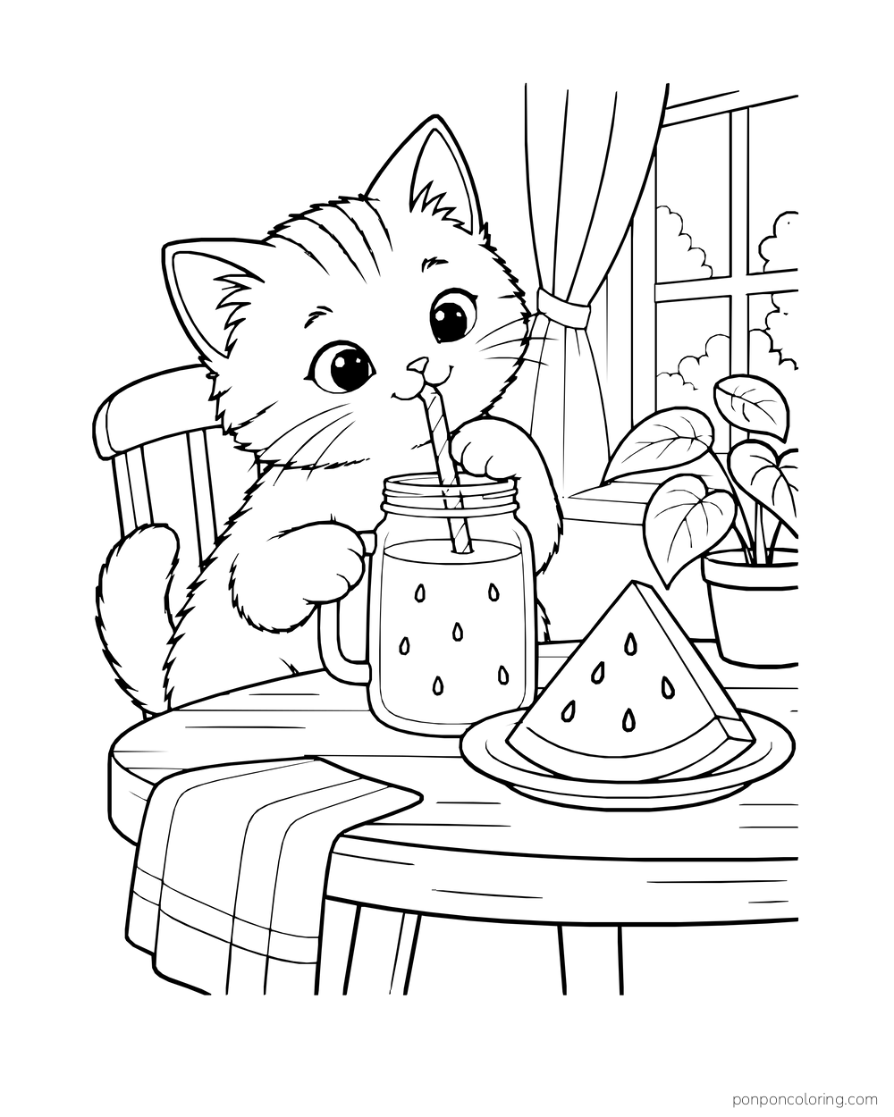 A kitten sipping from a watermelon juice jar at a table beside a plated slice and potted plant.