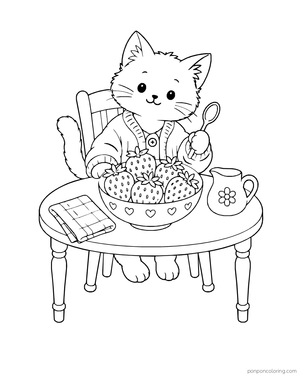 A kitten in a cardigan holding a spoon behind a bowl of five strawberries, with a pitcher and folded cloth on the table.