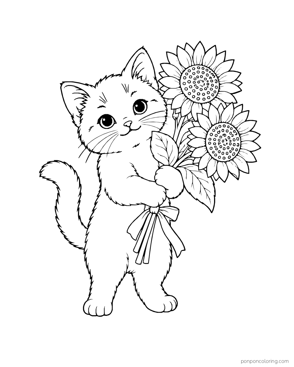 A kitten carrying a tied bouquet of two sunflowers.