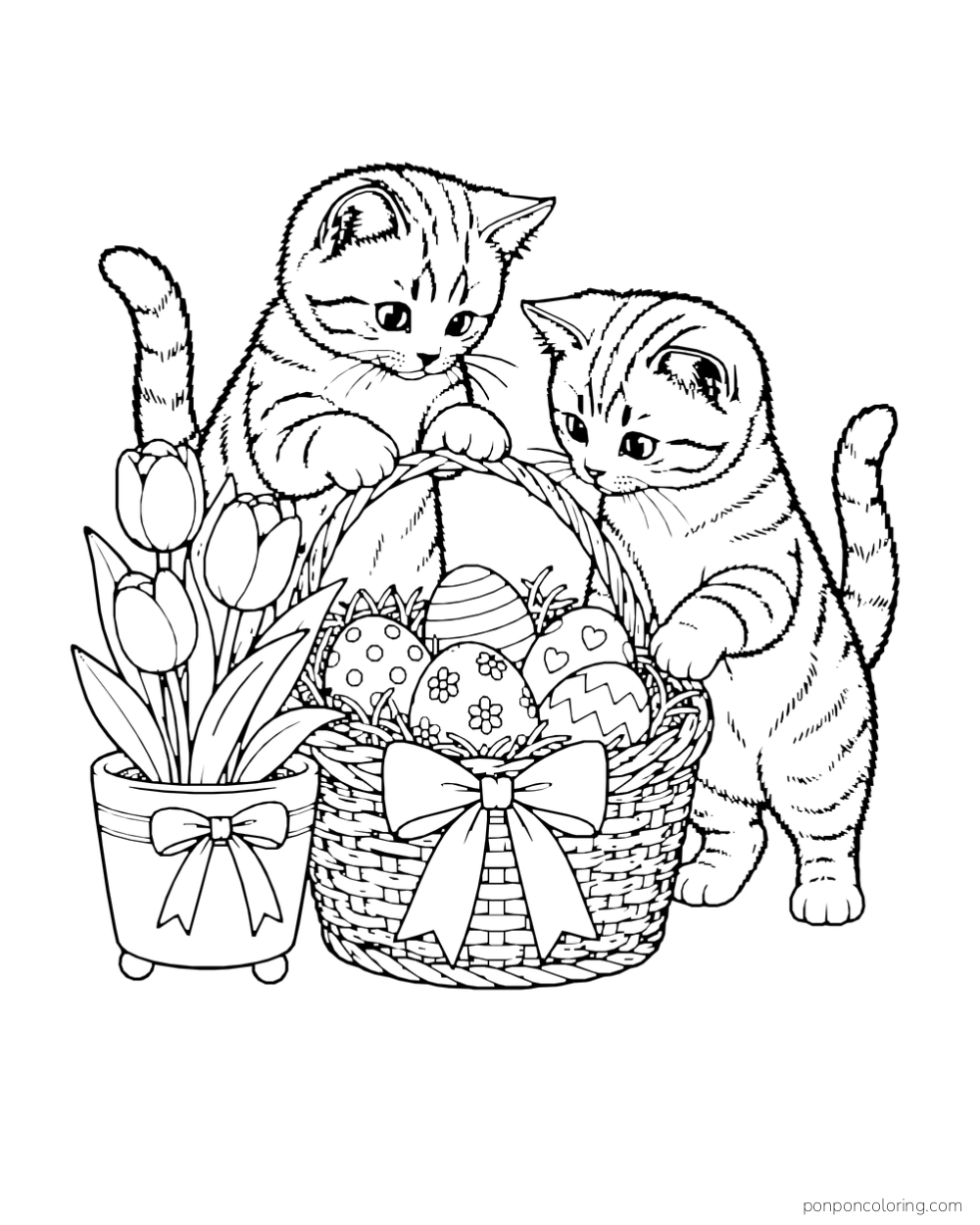 Two kittens investigate a basket of patterned Easter eggs beside potted tulips.