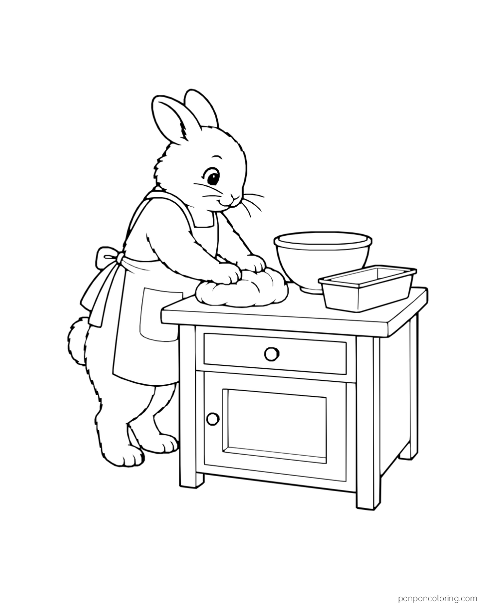 An apron-wearing rabbit kneads dough at a kitchen counter beside a bowl and loaf pan.