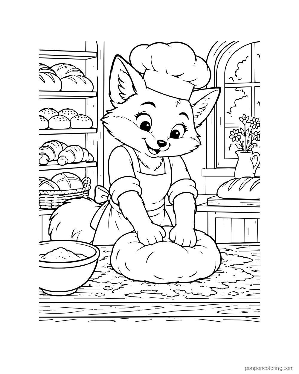 A fox baker kneads a large ball of dough on a floured counter.
