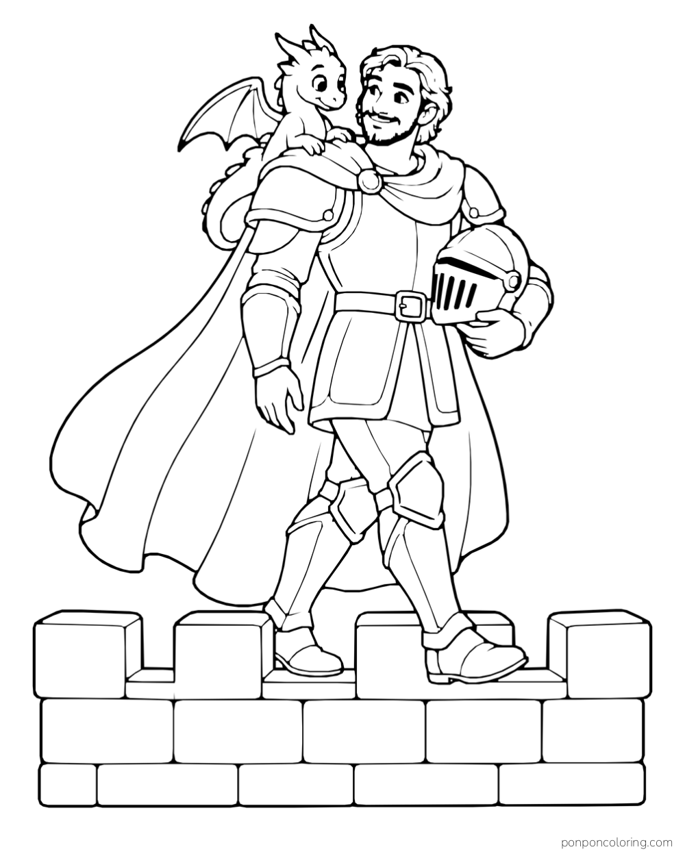 An armored knight walking along a castle wall with a small dragon on one shoulder and a helmet tucked under one arm.