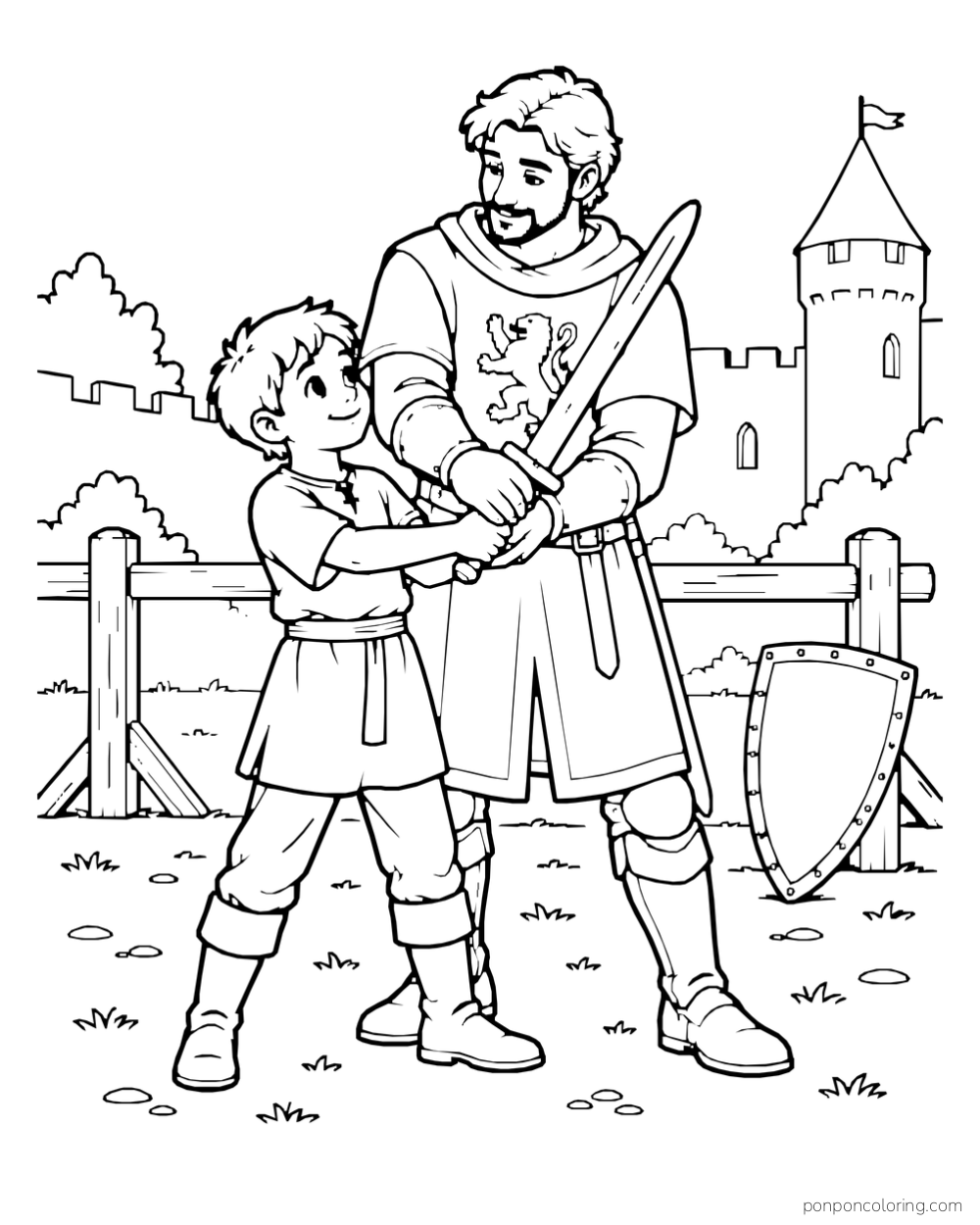 An adult knight guiding a child holding a practice sword beside a fence, with a shield on the ground and a castle tower behind them.