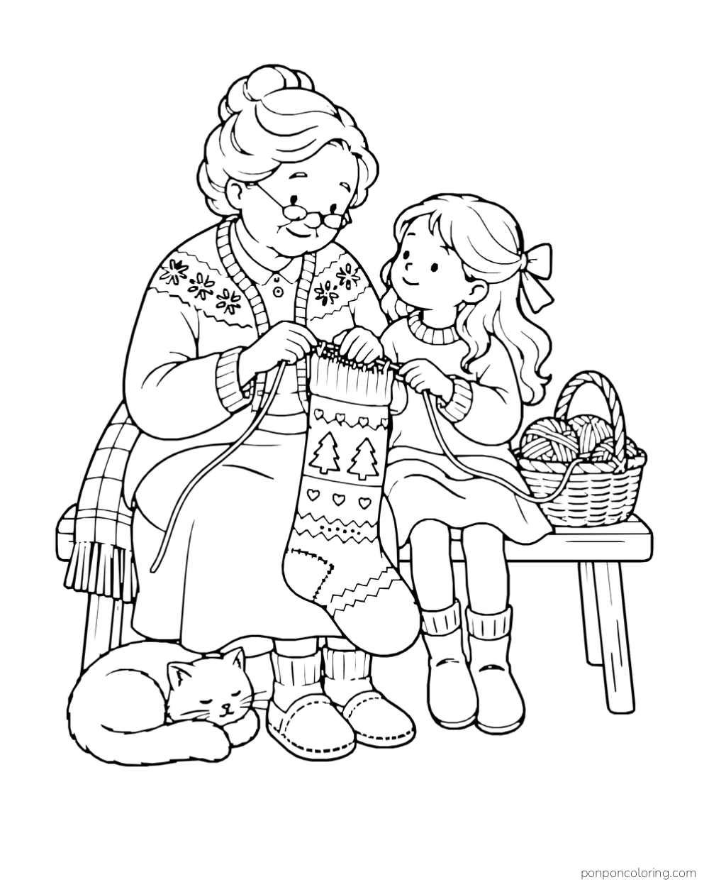 A grandmother and child knit a long patterned Christmas stocking beside a yarn basket and sleeping cat.