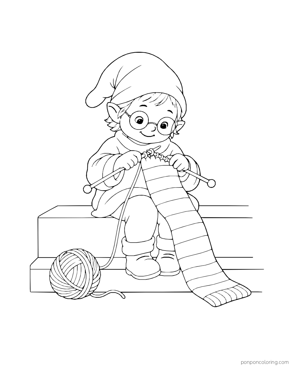 Gnome in round glasses knitting a long striped scarf on a step with a yarn ball at the feet.