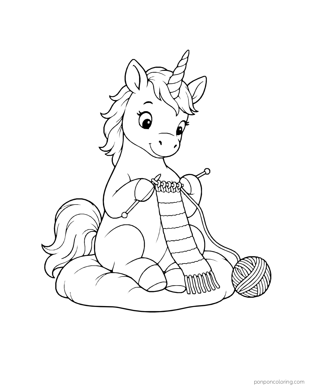 A unicorn sits at a little table, knitting a scarf with yarn and needles.