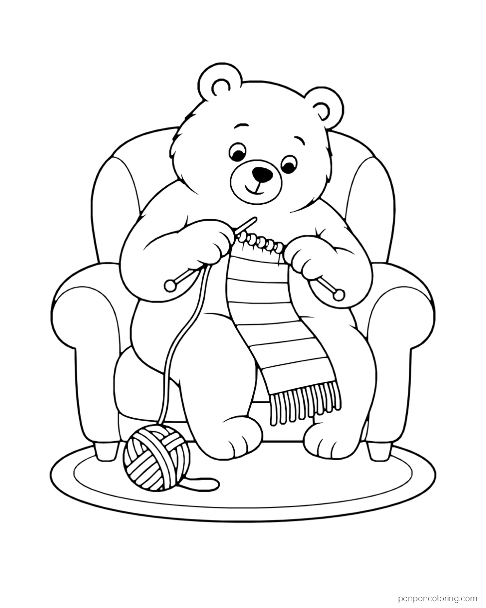 A bear in an armchair knits a striped scarf with a yarn ball on the rug.