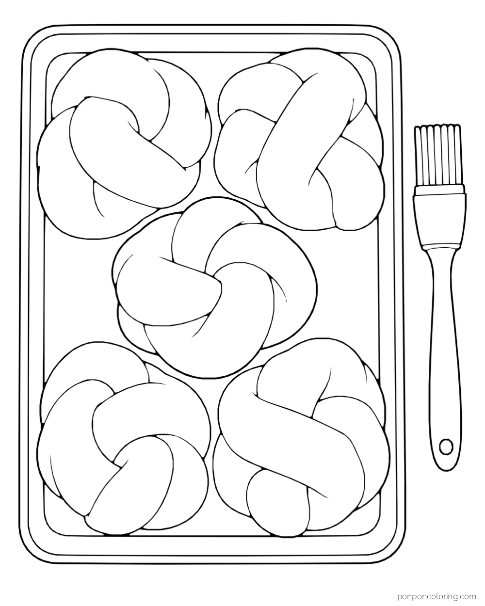 Five knot-shaped rolls sit on a baking tray beside a pastry brush.