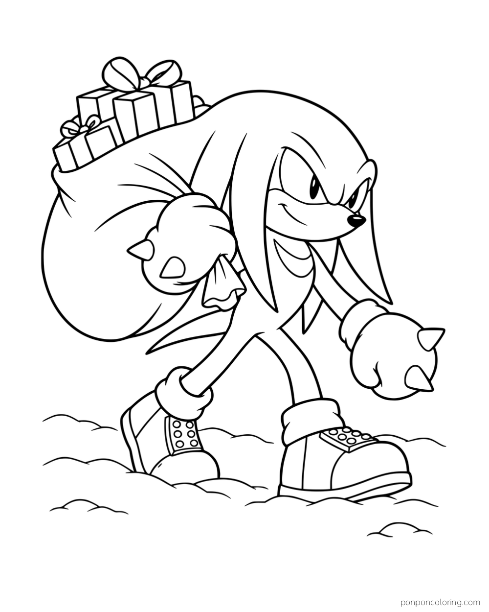Knuckles walking through snow with a sack of presents over his shoulder.