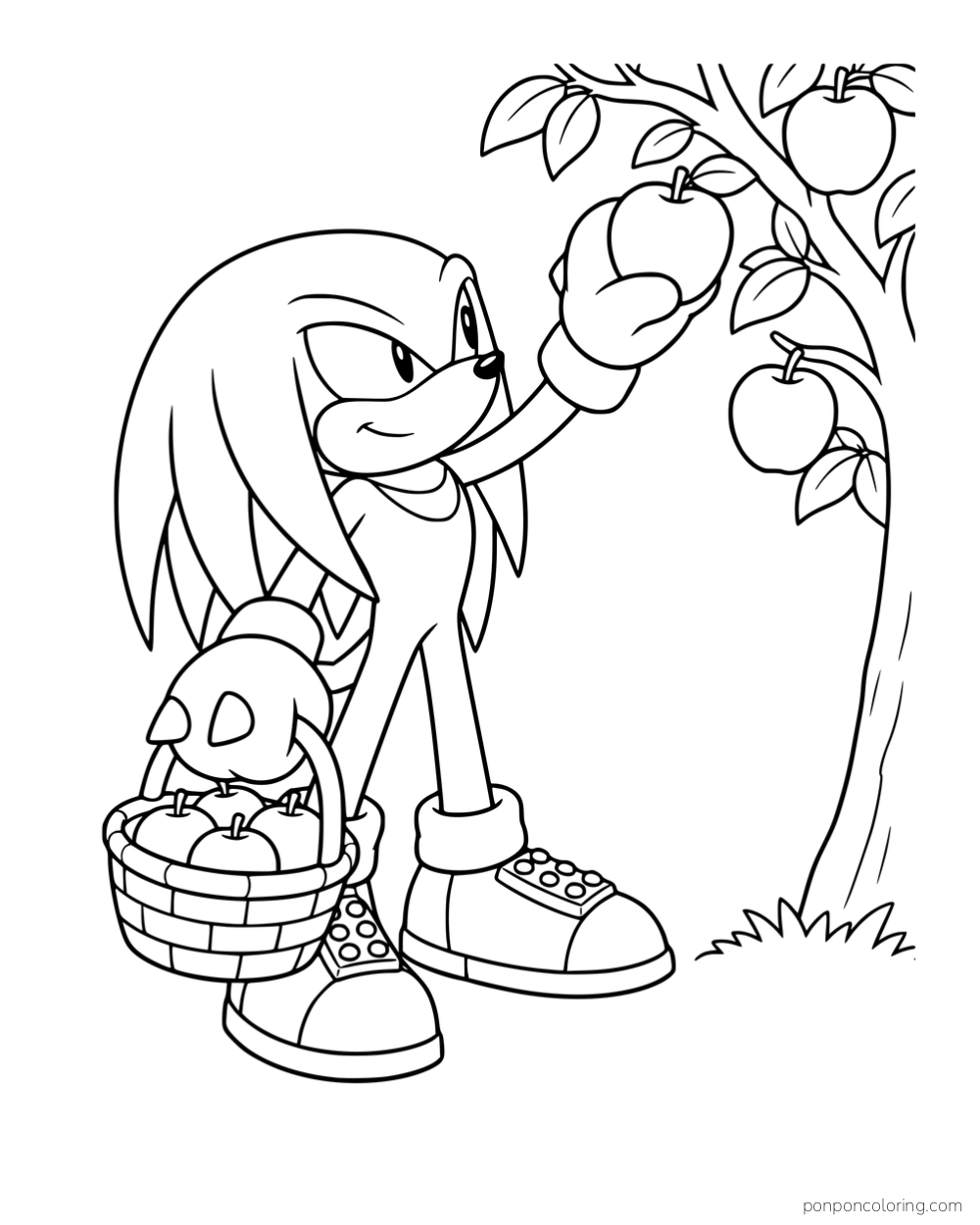 Knuckles picking an apple from a tree while holding a basket.