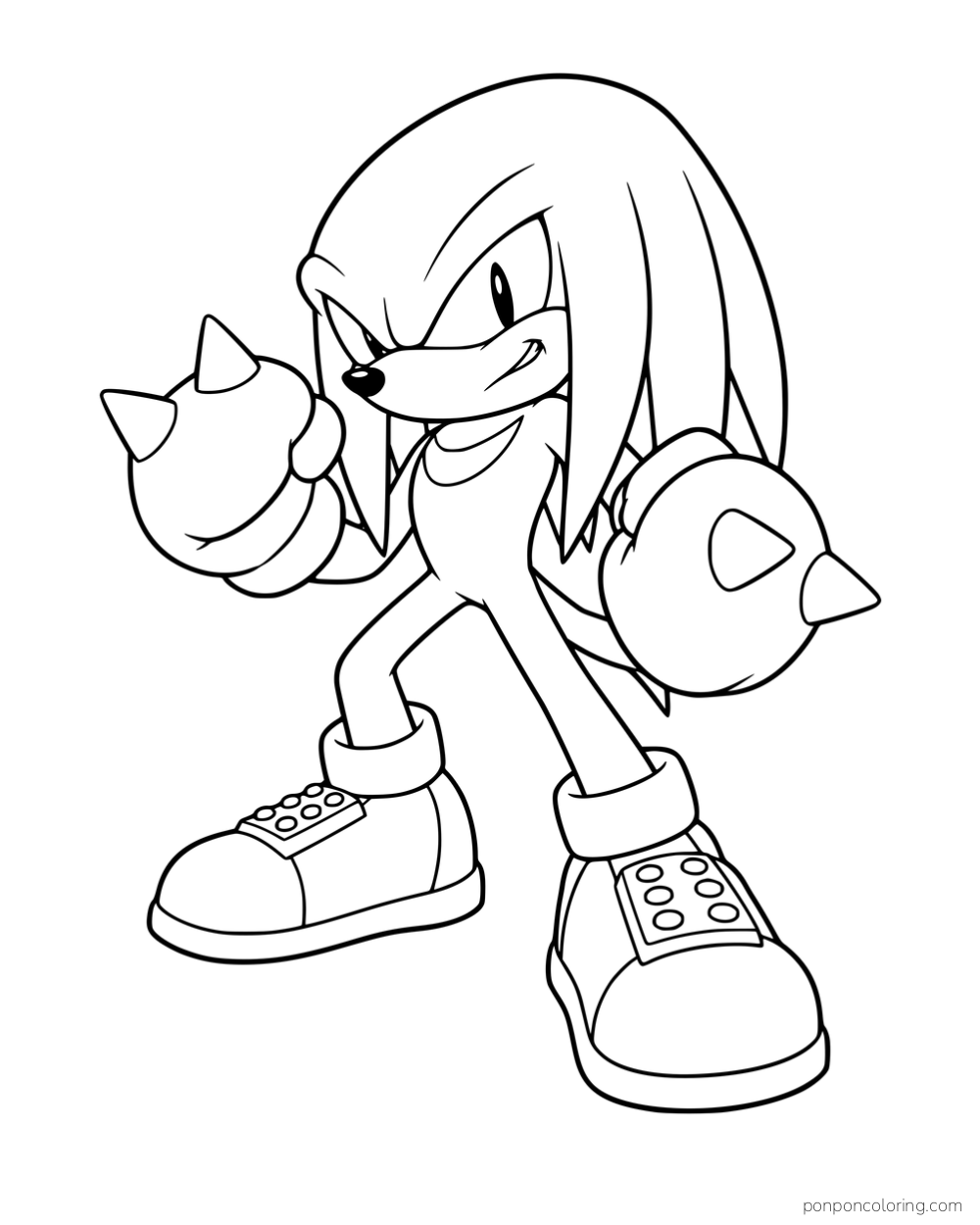 Knuckles standing with both spiked gloves raised.