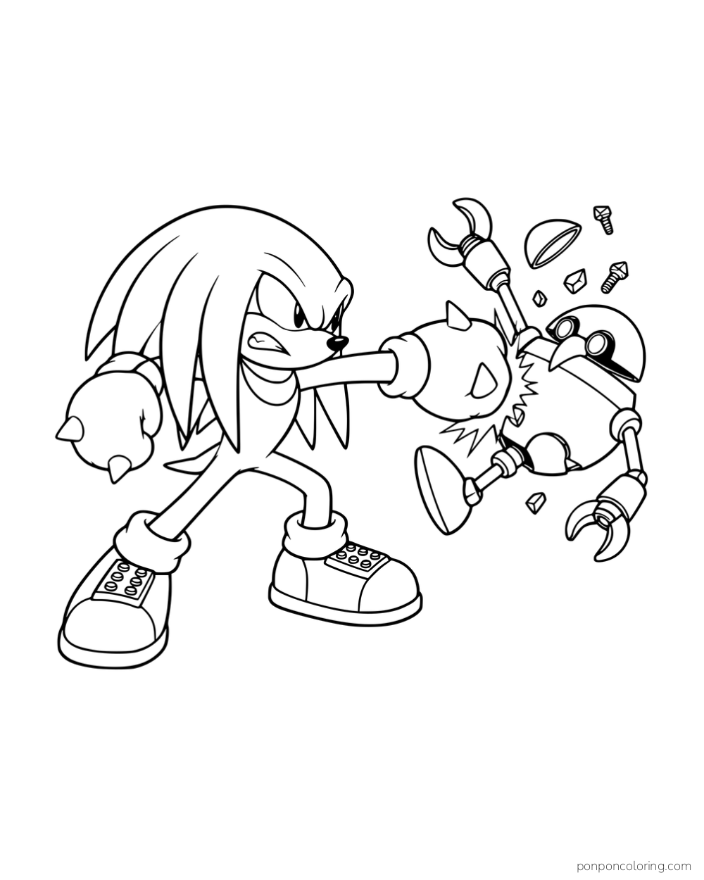 Knuckles punching a robot with broken parts flying away.