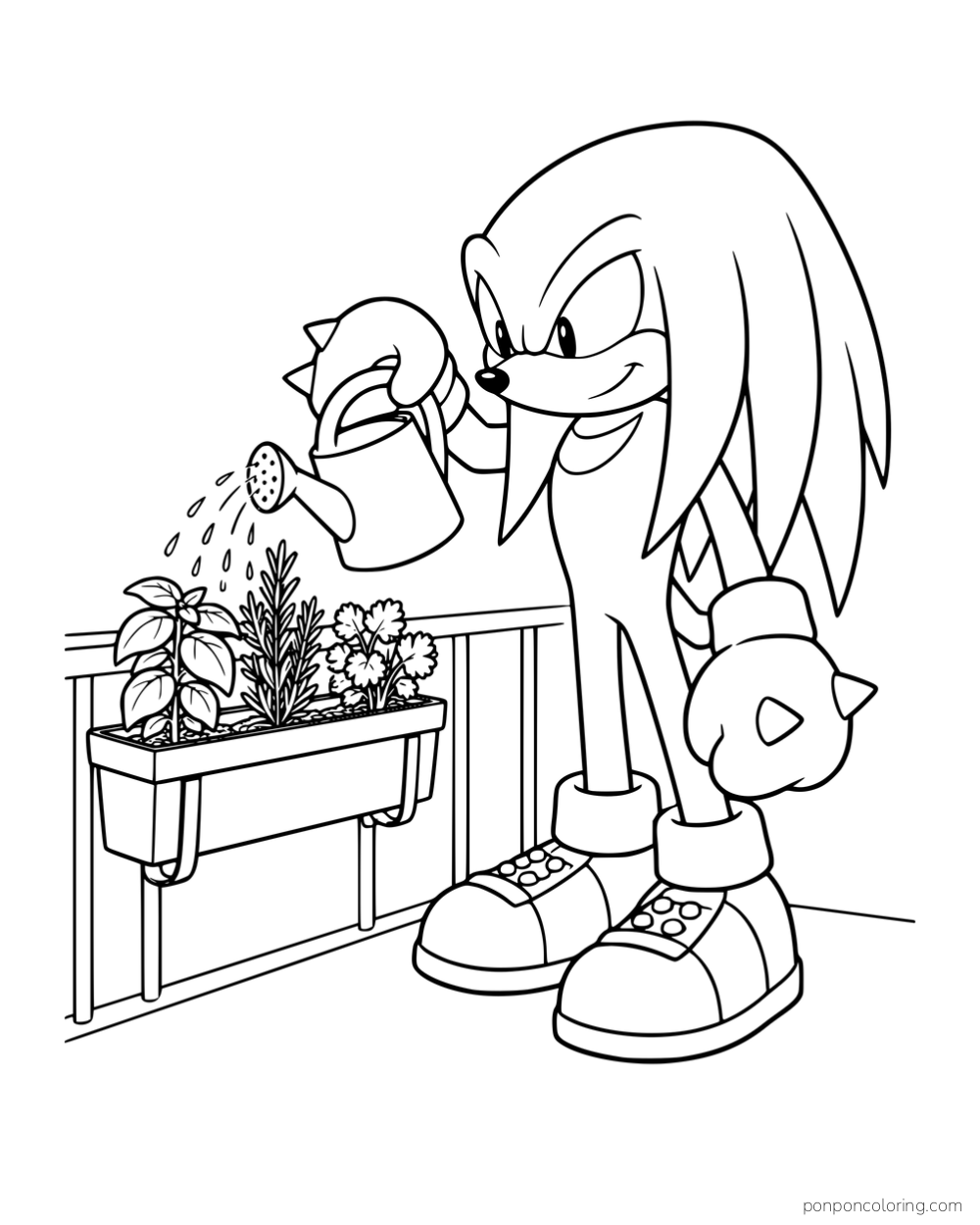 Knuckles watering a planter beside a railing.