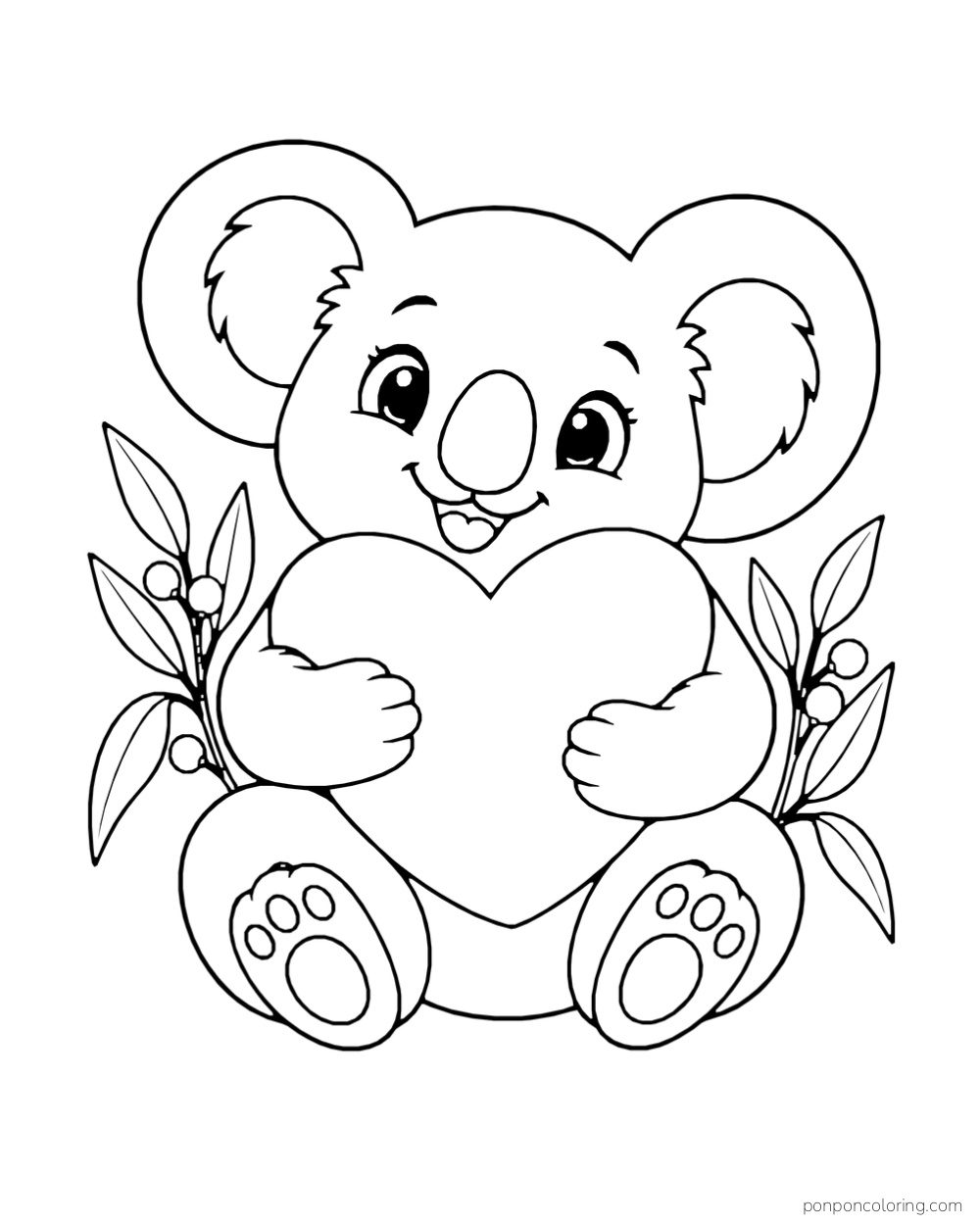 A smiling koala holds a large heart between two eucalyptus sprigs.