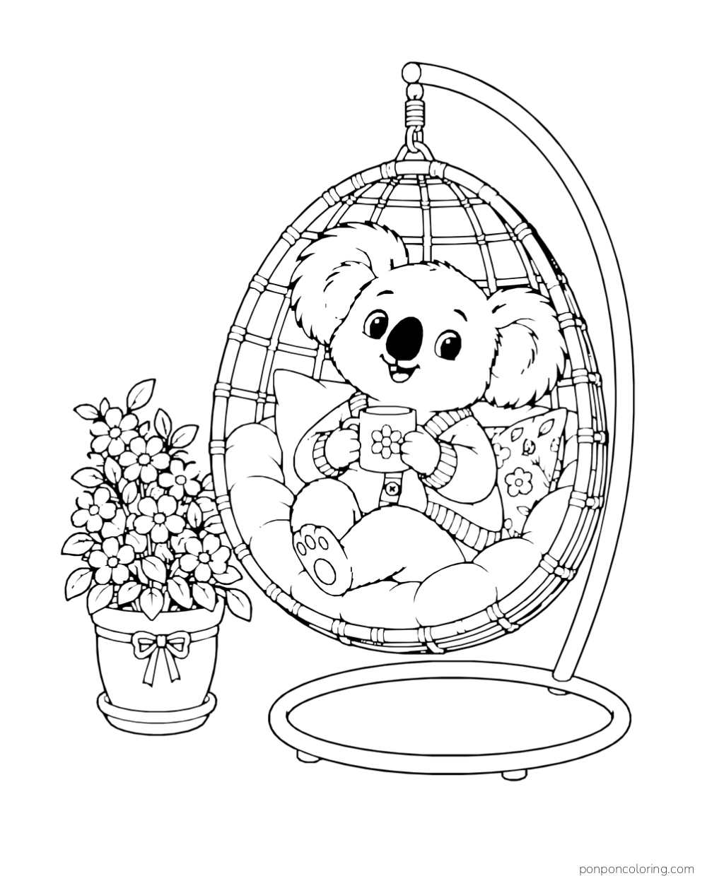 A koala in a cardigan holds a flower cup in a hanging basket chair beside a flowering plant.