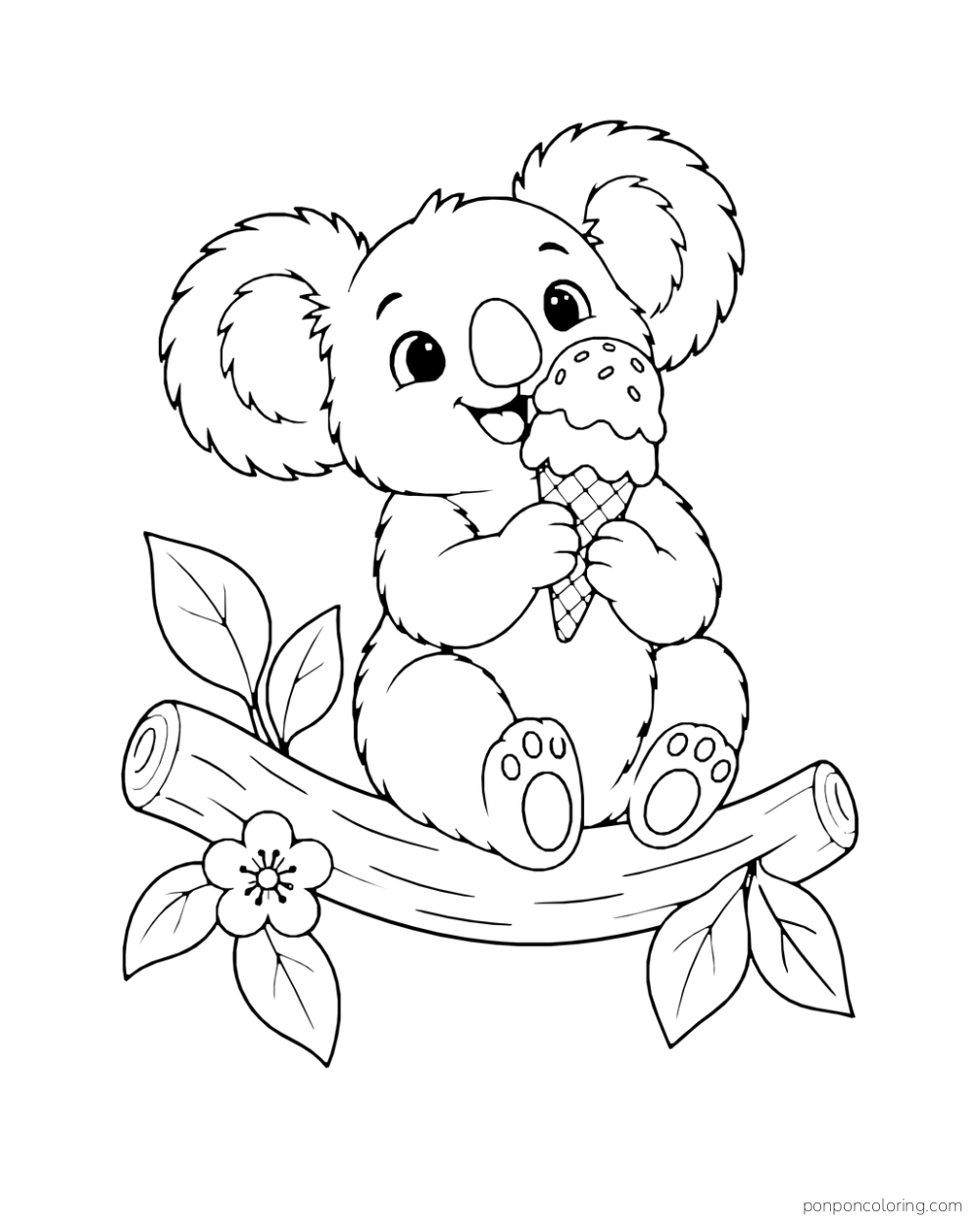A koala sits on a complete curved tree branch holding a double-scoop cone with both paws.