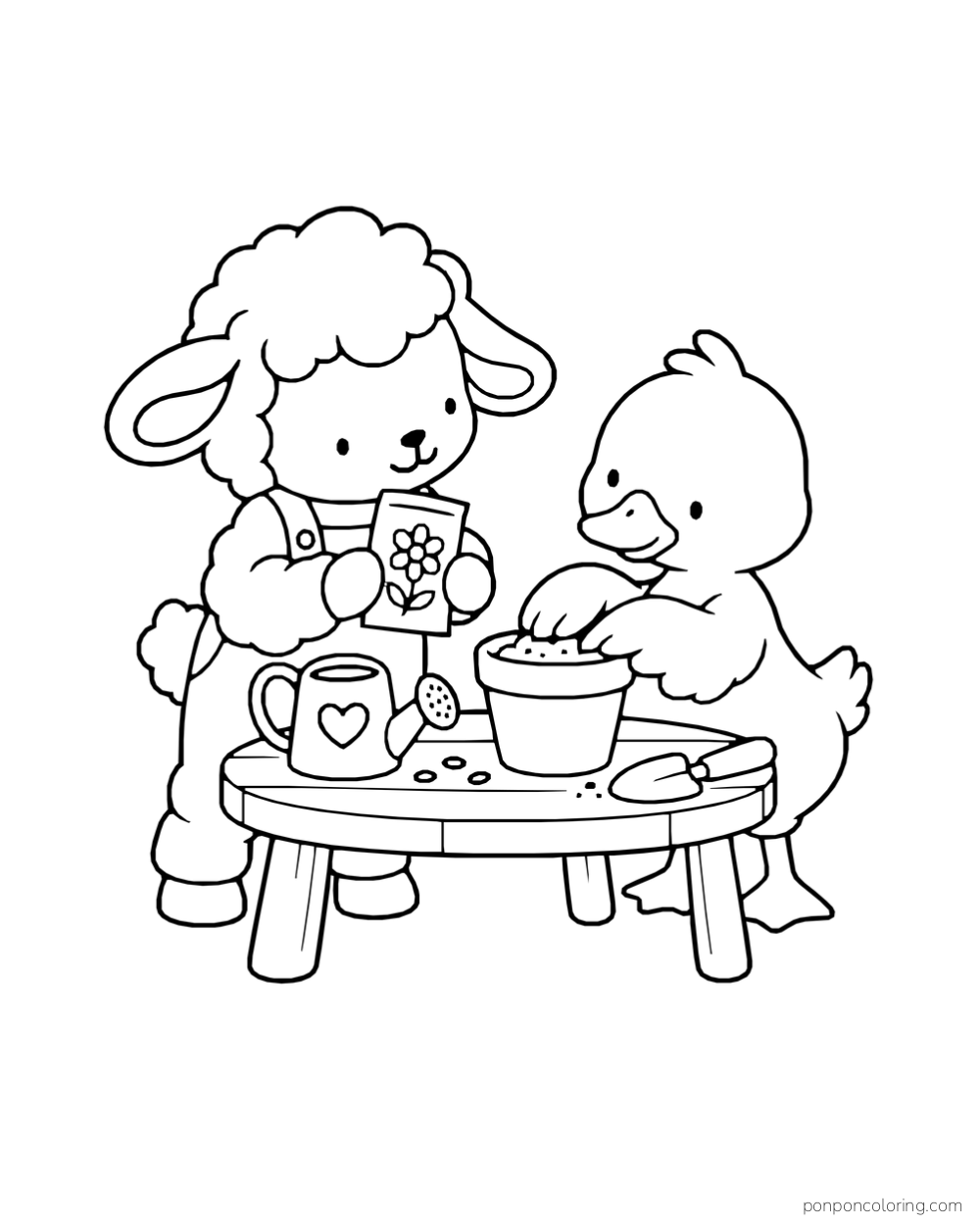 A lamb holds a flower seed packet while a duck pats soil in a pot on a table with a watering can and trowel.