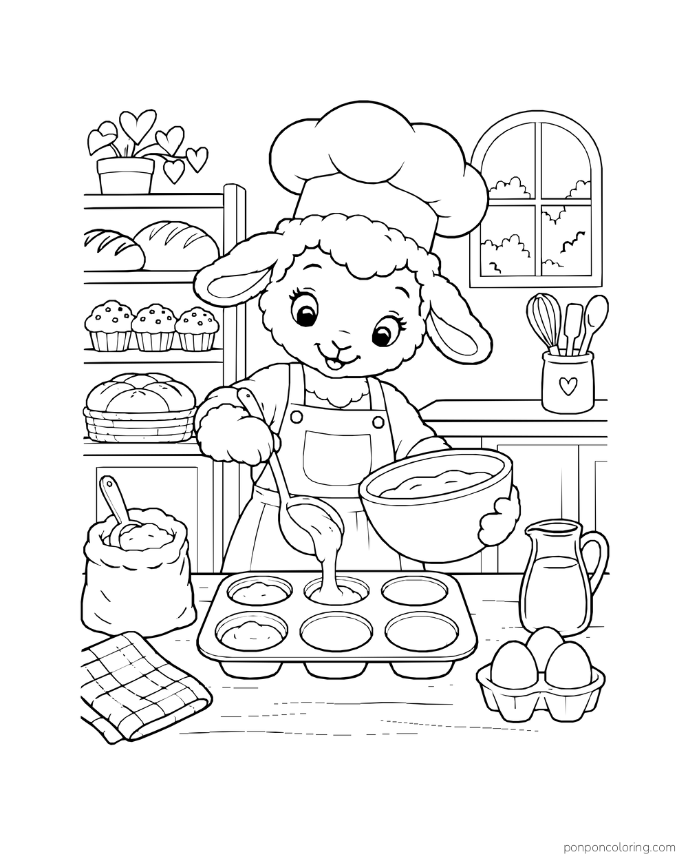 A lamb baker ladles batter into a six-cup muffin pan.