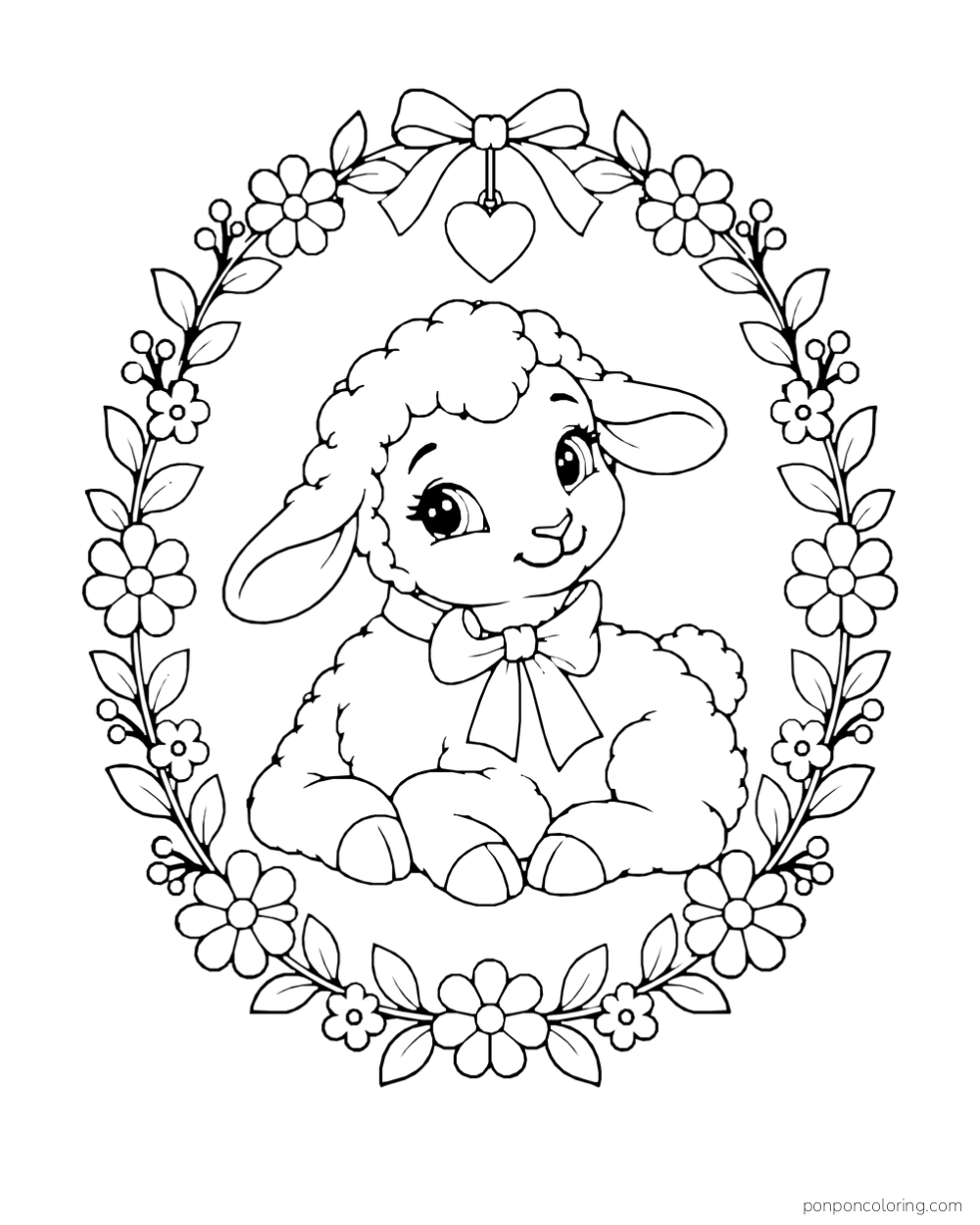 A ribbon-wearing lamb sits inside a flower wreath topped with a bow and hanging heart.