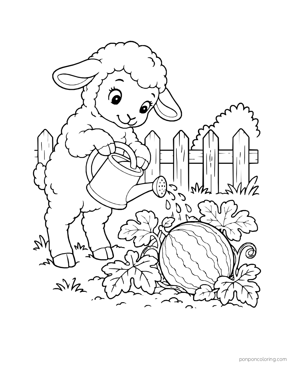 A lamb watering a watermelon vine with one round fruit beside a garden fence.