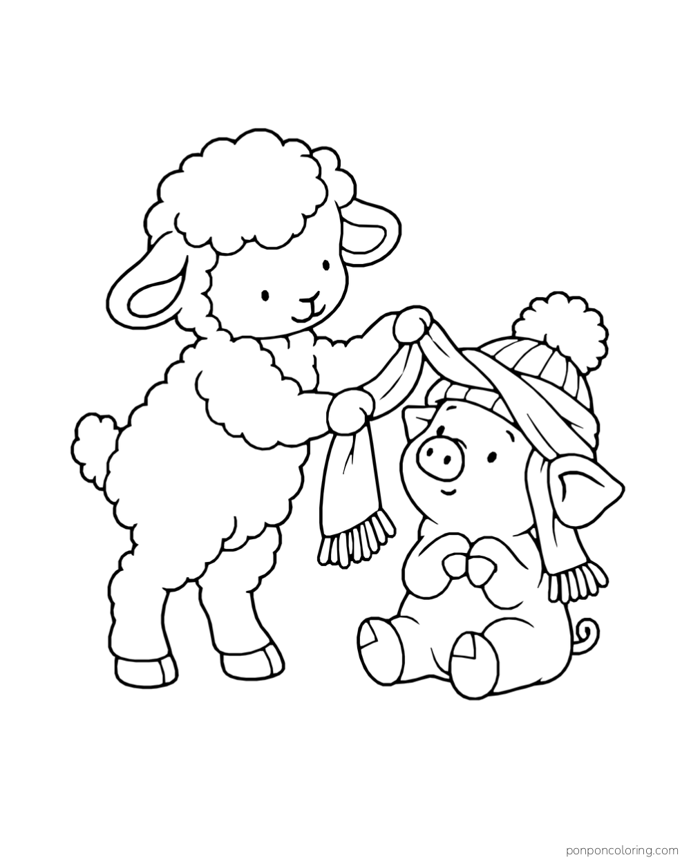 A lamb lifts a scarf caught around a seated piglet’s pom-pom hat.
