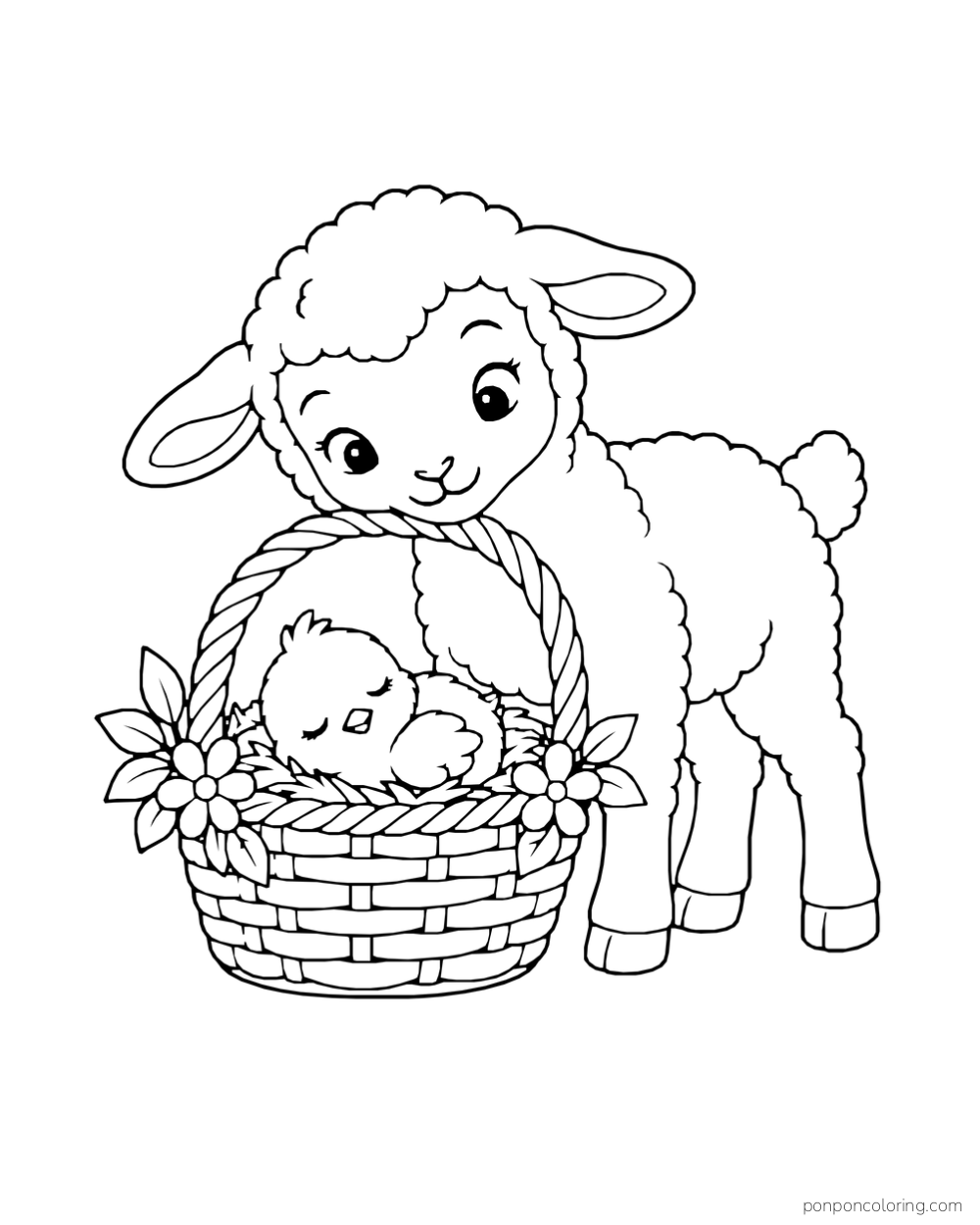 A lamb watches a sleeping chick nestled in a flower-decorated woven basket.
