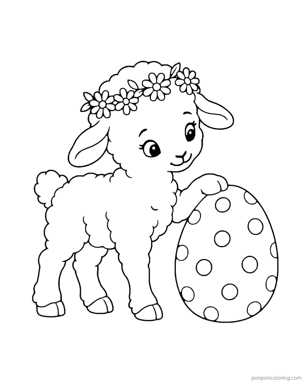 A lamb wearing a daisy crown rests one hoof on a large polka-dot Easter egg.