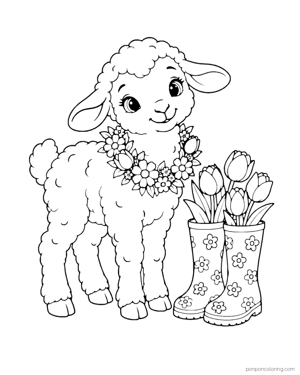 A lamb wears a flower garland beside rain boots filled with tulips.