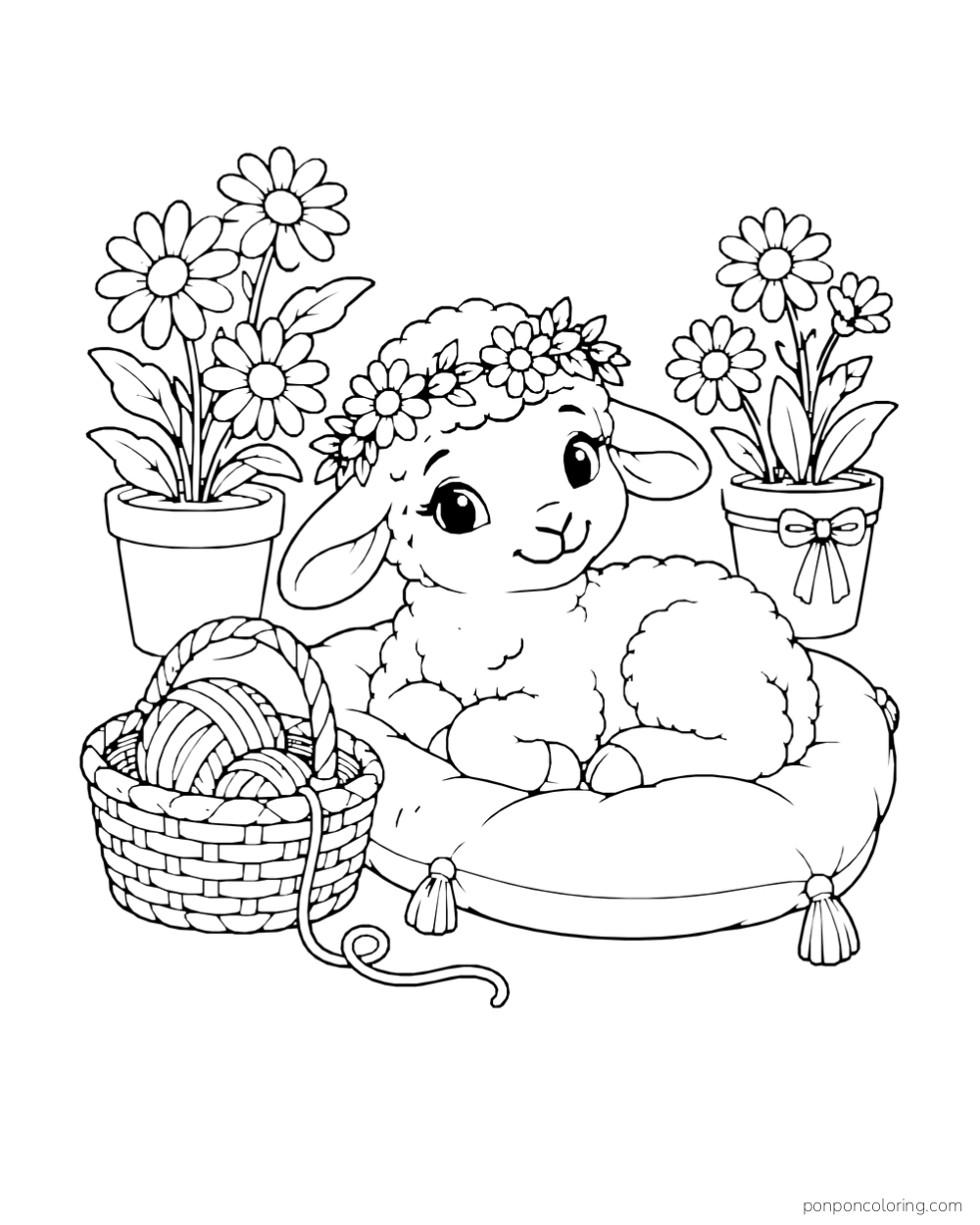 A lamb wearing a flower garland rests on a cushion beside a basket of yarn and two pots of daisies.
