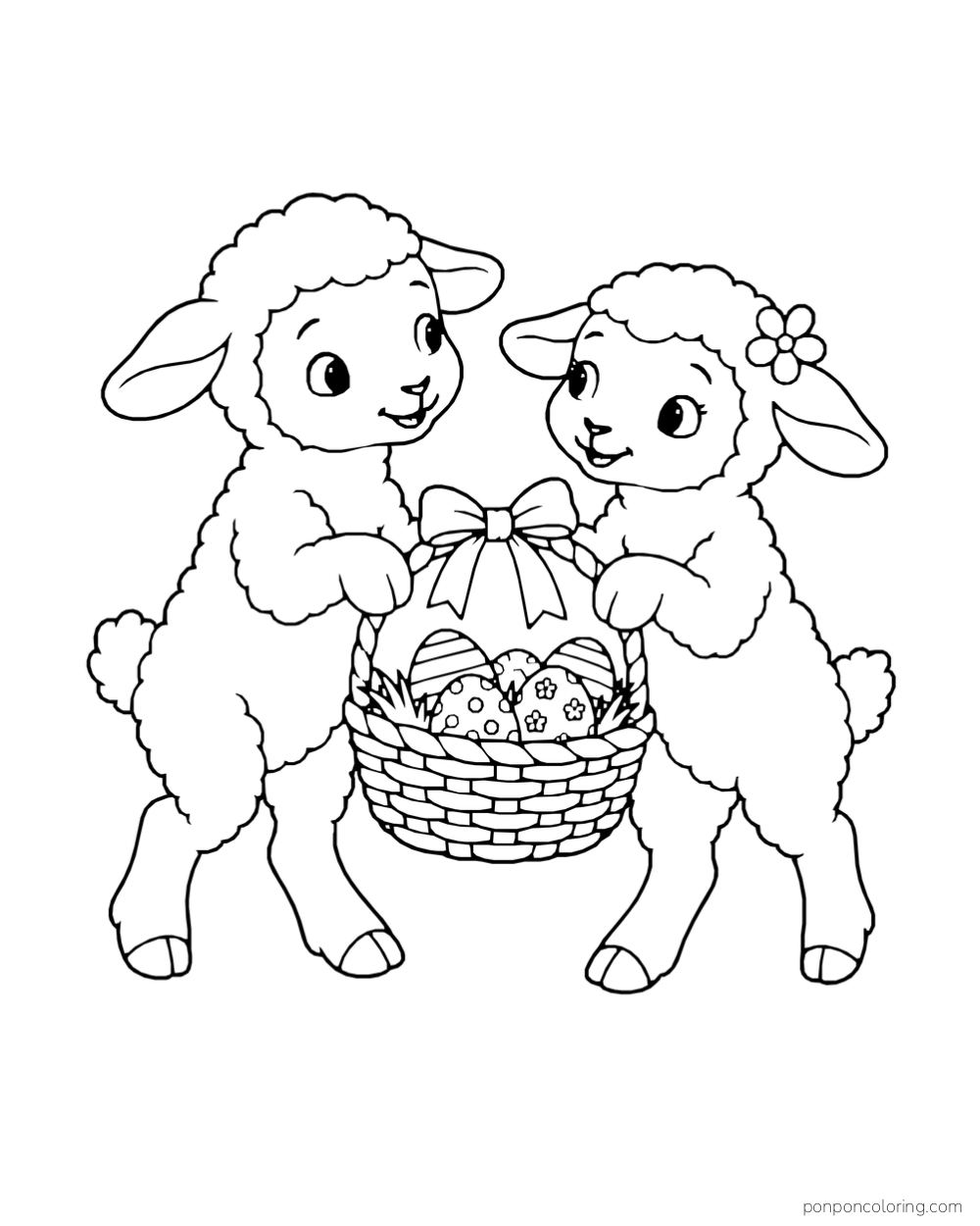 Two lambs hold a ribboned basket filled with striped, dotted and flower-patterned Easter eggs.