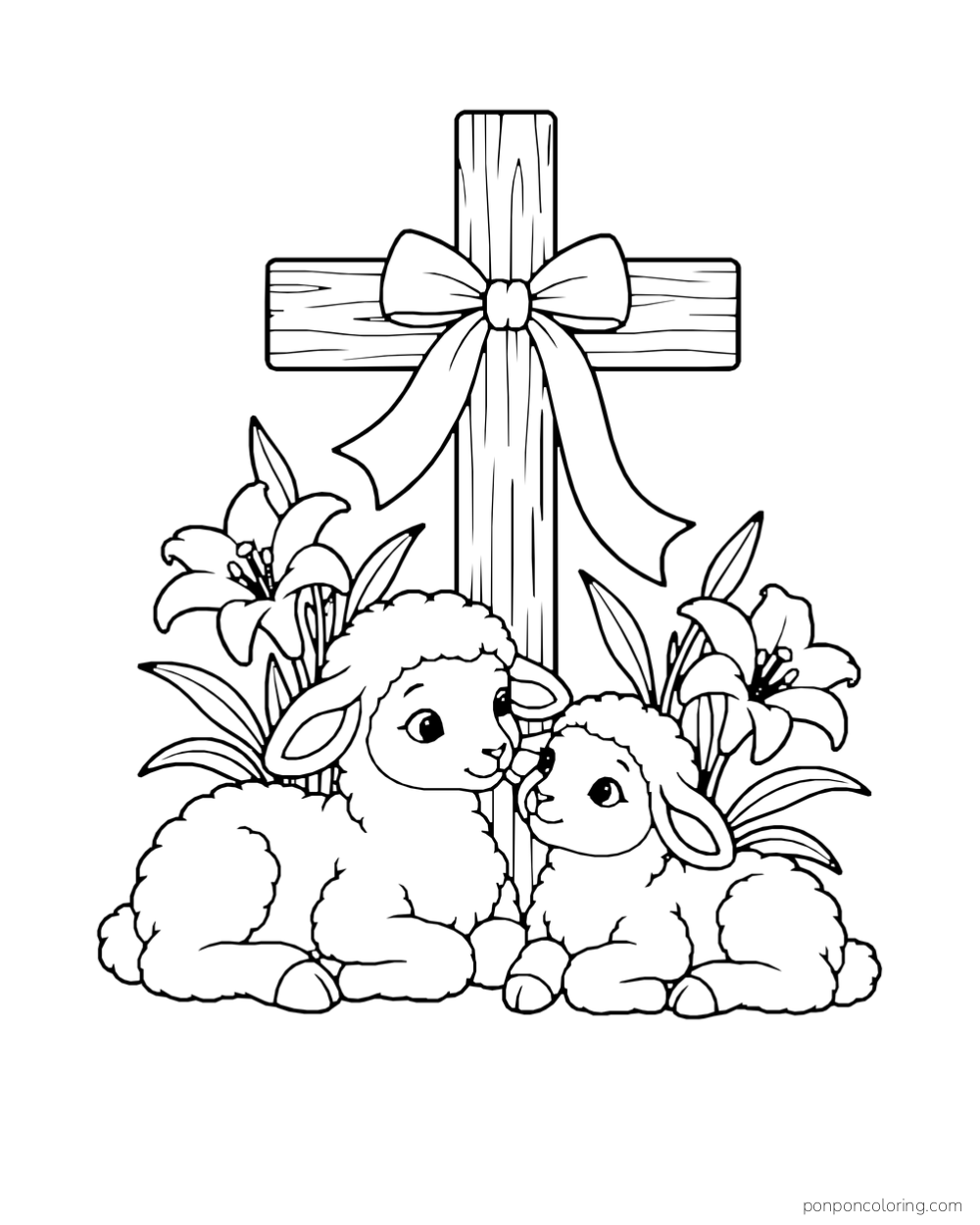 Two lambs rest among lilies beneath a wooden cross decorated with a ribbon.
