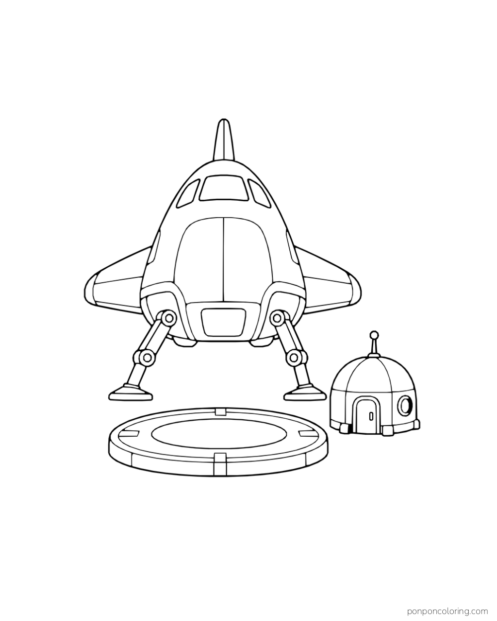 A lander holds its three legs open above a pad beside a small dome.
