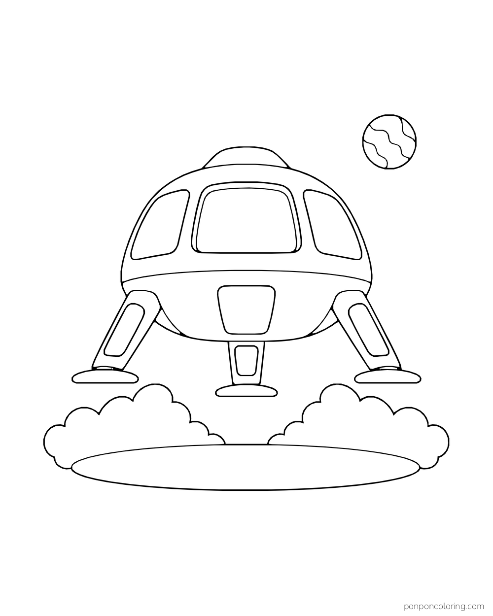 A three-legged lander lowers toward a circular pad above two rounded dust clouds.