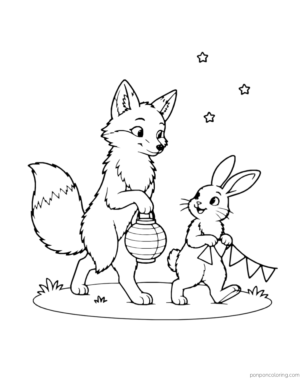 A fox carries a paper lantern while a rabbit walks beside it with folded bunting.