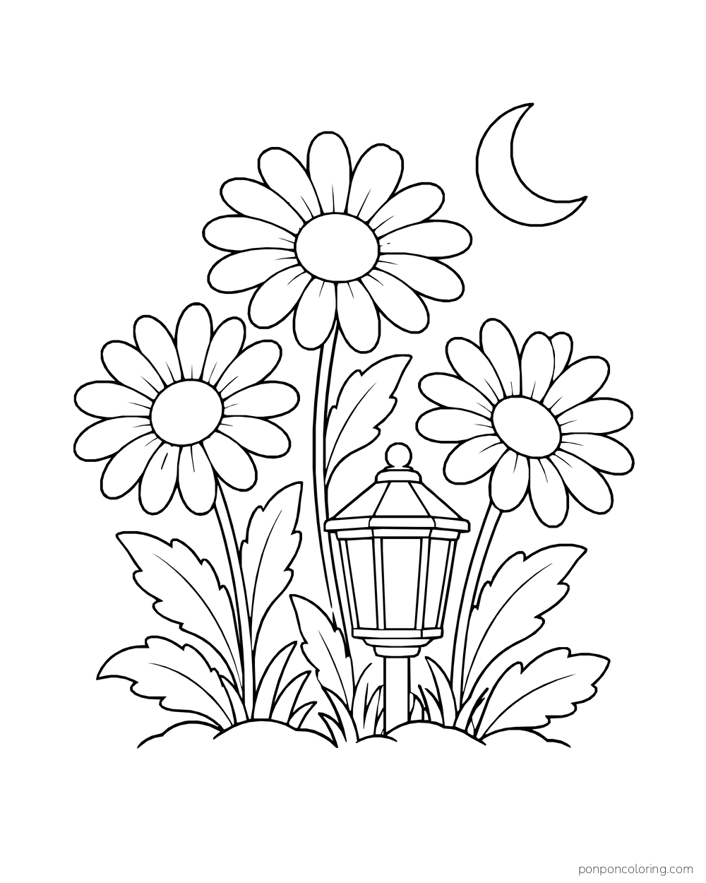Three daisies grow beside a garden lantern beneath a crescent moon.