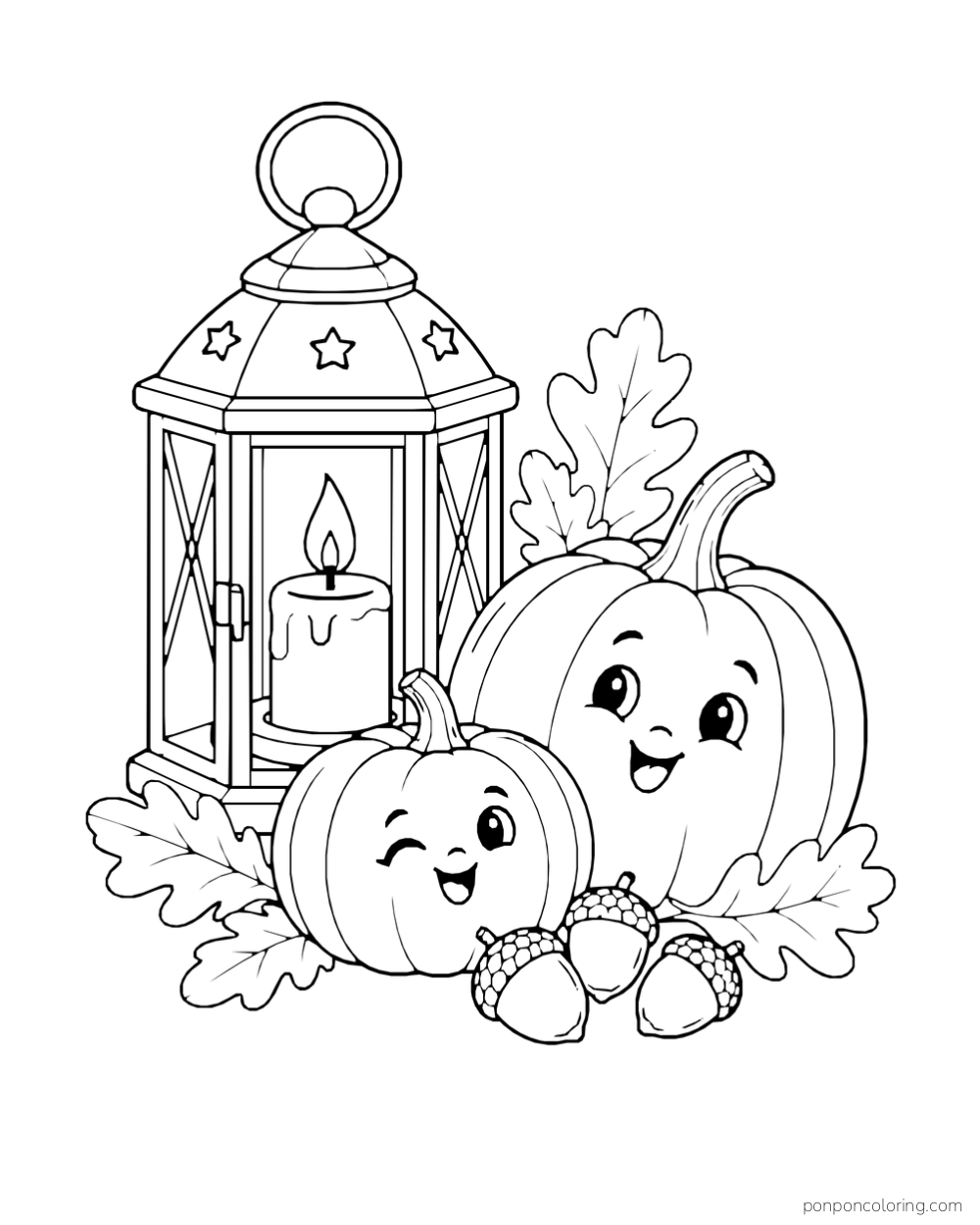 A candle lantern stands beside two smiling pumpkins, acorns, and oak leaves.