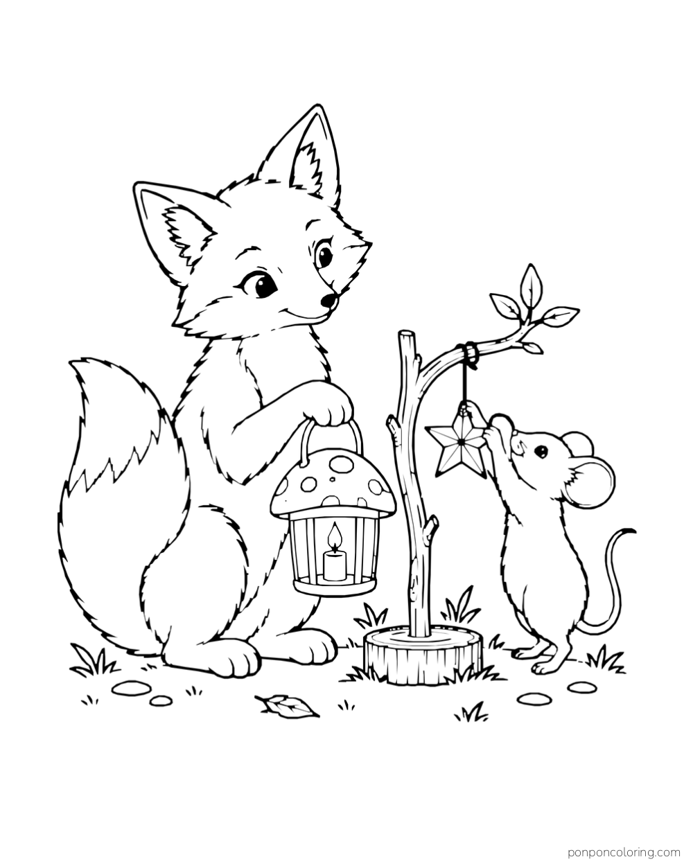 A fox holds a mushroom-shaped lantern while a mouse reaches toward a hanging paper star.