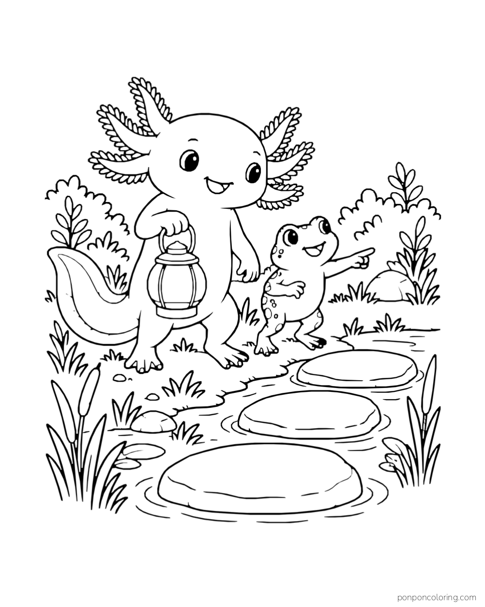 Axolotl carrying a lantern beside a frog pointing along a short path of stones.