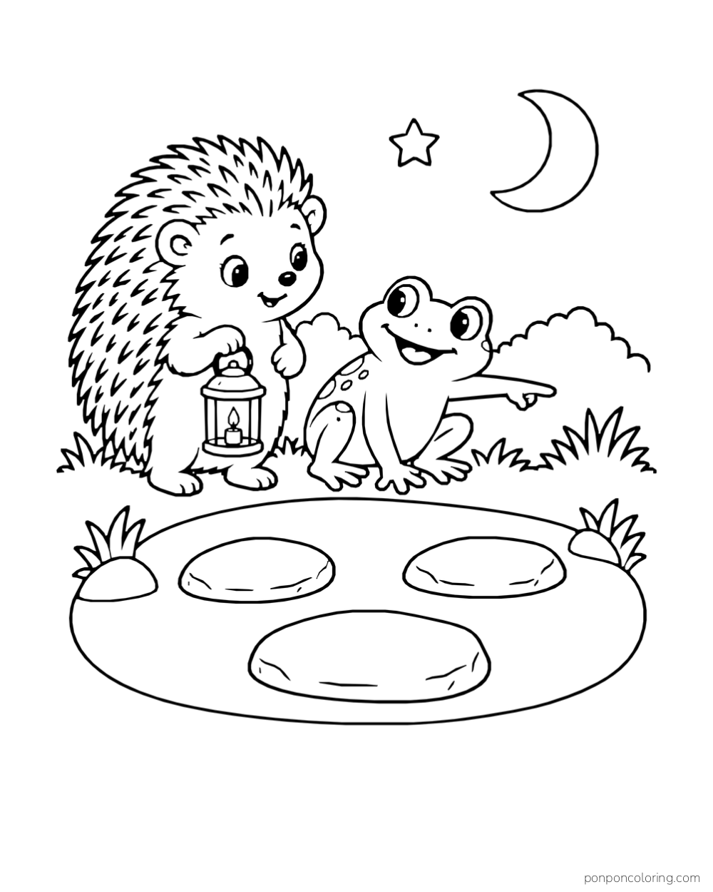 A hedgehog holds a lantern as a frog points toward three stones in a small pond beneath a moon and star.