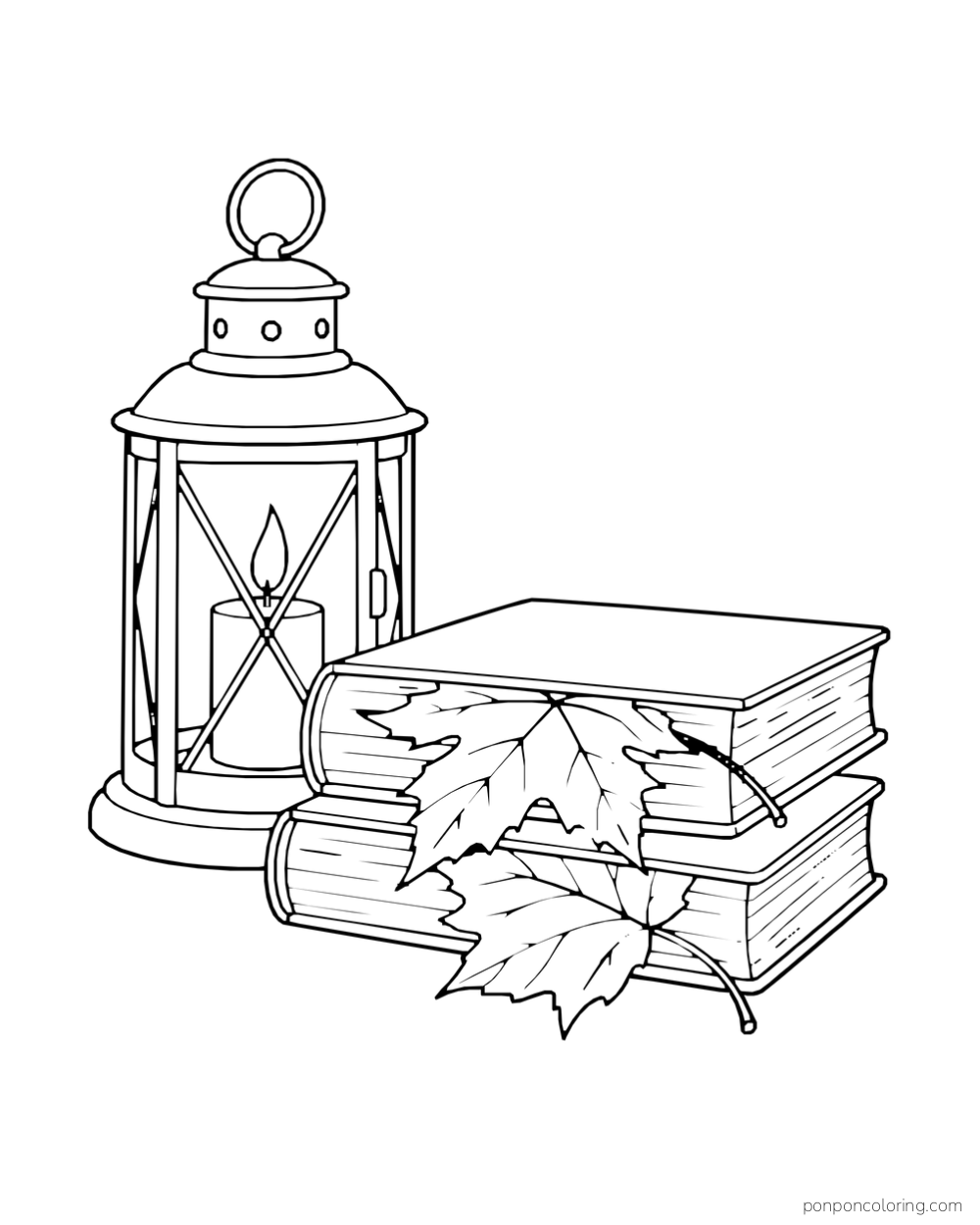 A lantern stands beside stacked books with autumn leaves tucked between them.