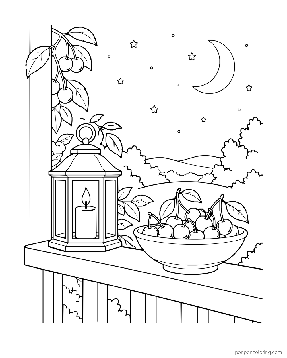 A garden lantern and shallow cherry bowl rest on a porch rail beneath the moon.