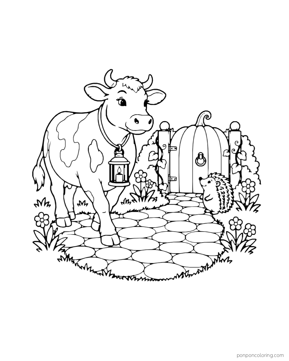 A cow carries a lantern along a stone path toward a garden gate beside a hedgehog.