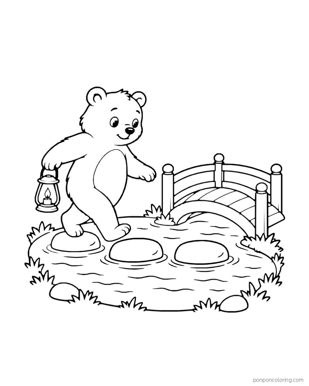 A bear carries a lantern across stepping stones toward a short bridge over a small stream.