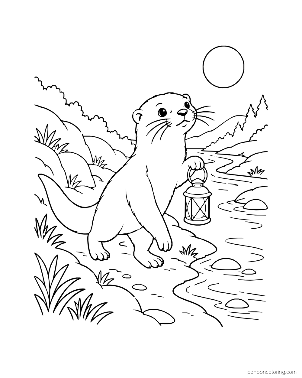 Otter carrying a hanging lantern beside a winding river under the moon.