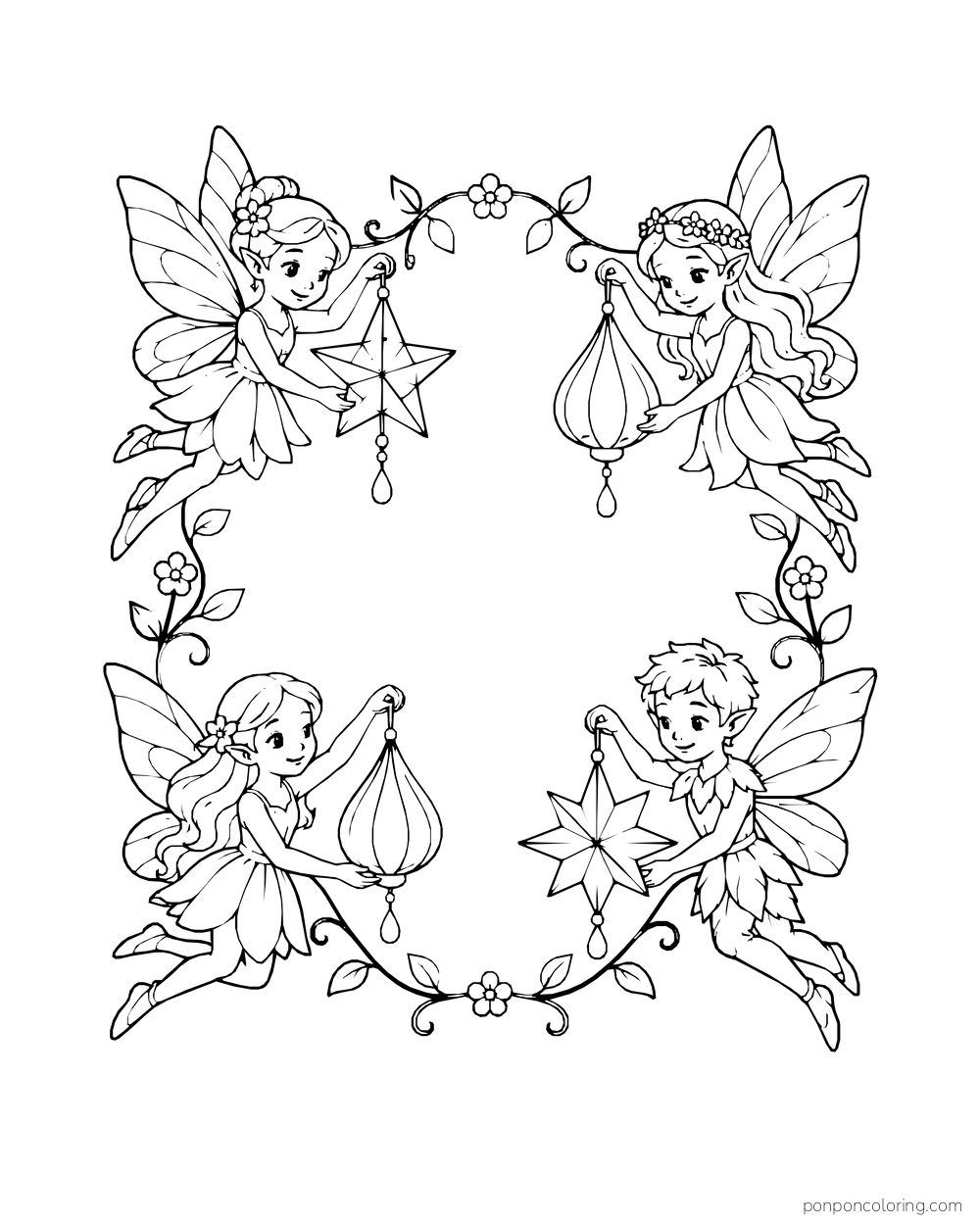 Four fairies carrying star and drop lanterns around an open circular center.