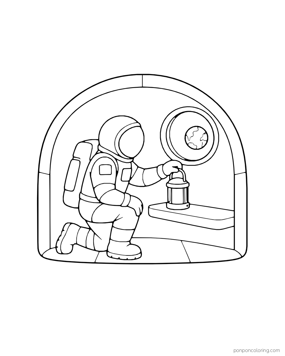 An astronaut sets a lantern on a shelf inside a rounded shelter.