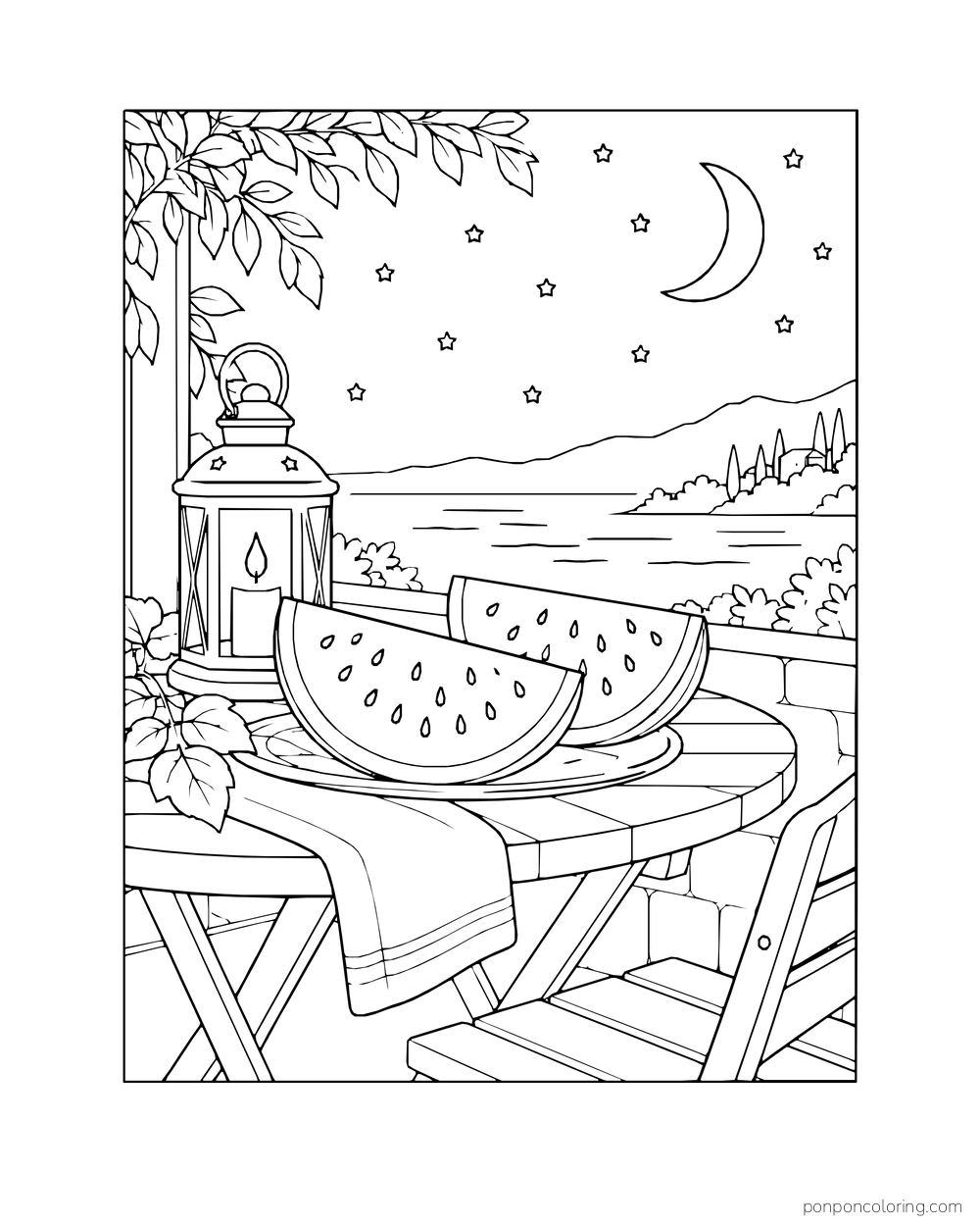 Two watermelon slices beside a lantern on an outdoor table beneath a crescent moon and stars.