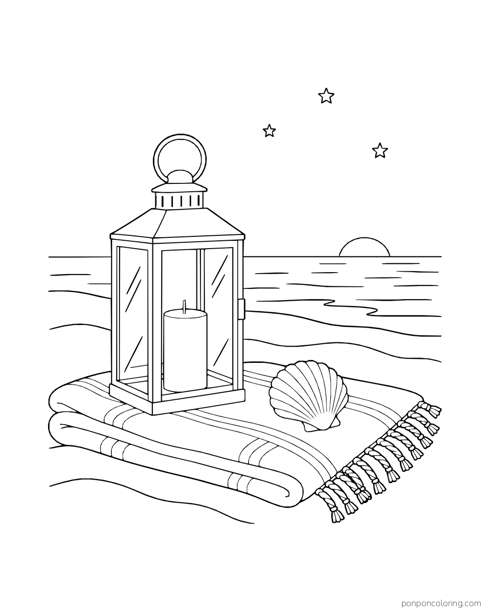 A lantern and scallop shell sit on a blanket beneath a few stars.